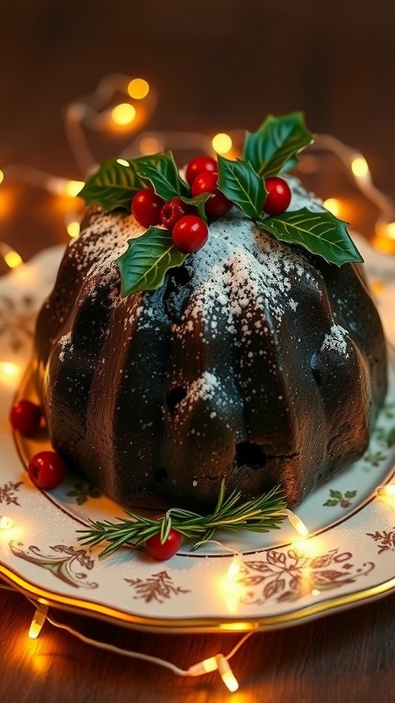 A traditional Christmas pudding with holly decoration on a festive table.